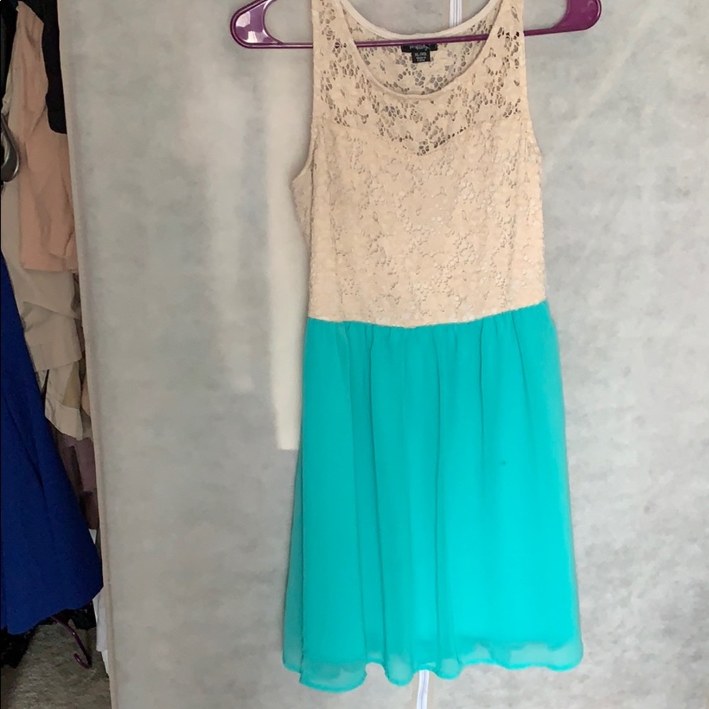 Cream and teal lace dress